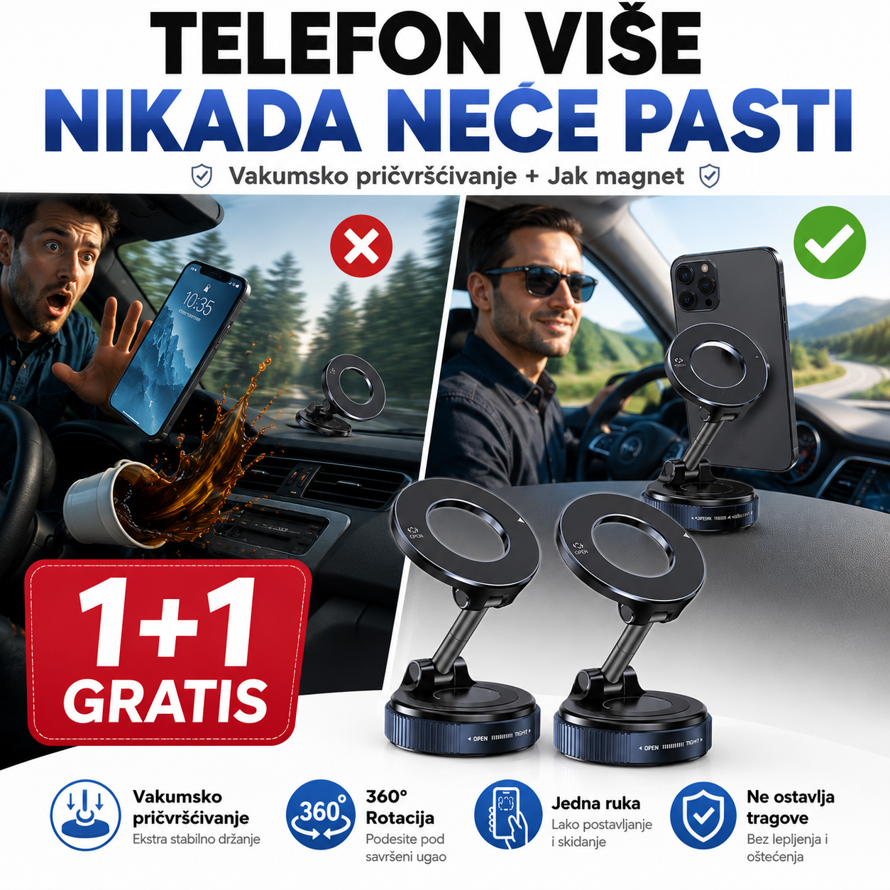 Magnetni Vakumski Držač za Telefon – 1+1 Gratis!