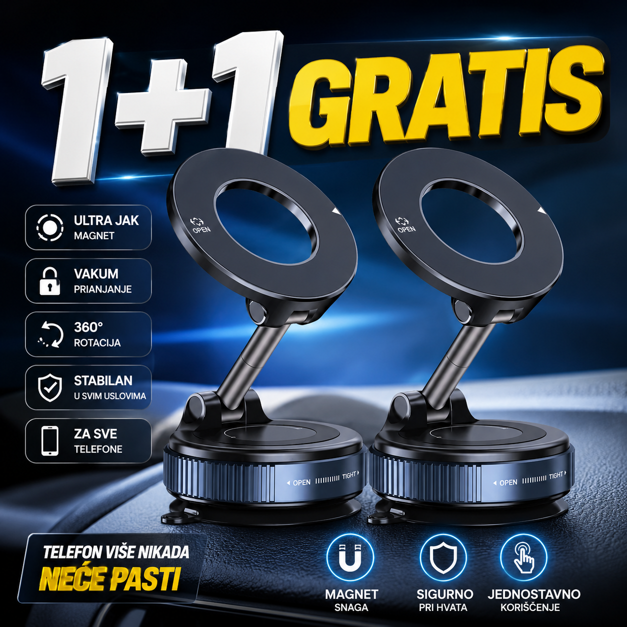 Magnetni Vakumski Držač za Telefon 1+1 Gratis!