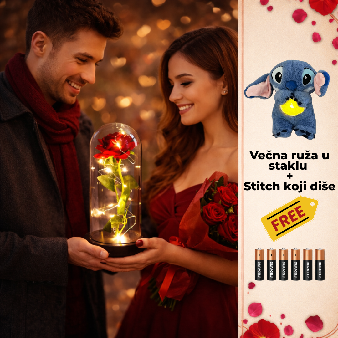 Večna ruža u staklu + Stitch koji diše - Baterije Gratis!